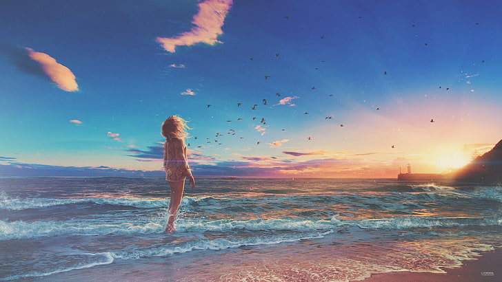 ilustrasi orang di badan air, pantai, matahari terbenam, ombak, pantai, angin, burung, laut, horison, seni digital, manipulasi foto, Wallpaper HD
