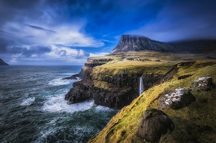 Faroe, coast, North, landscape, Islands, ocean, sea, Atlantic, cliff, waterfall, HD wallpaper