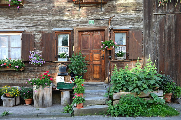 architecture, door, flowers, house, plants, rustic, windows, wood, HD wallpaper