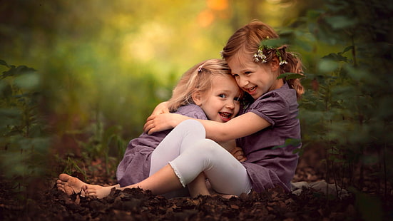little girl, children, hugging, smiling, depth of field, HD wallpaper HD wallpaper