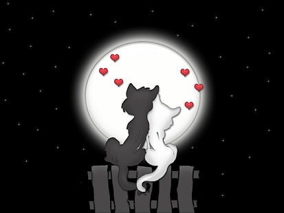 två svarta och vita djur på grå yta ClipArt, kärlek, katter, natt, månen, HD tapet HD wallpaper