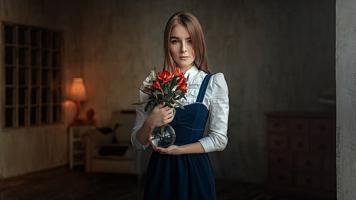 Georgy Chernyadyev, kvinnor, blommor, 500 px, modell, tittar på betraktaren, rödbrunt hår, blonda, bruna ögon, stående, Vasilisa Sarovskaya, HD tapet