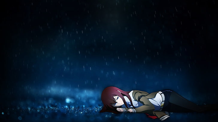 빨간 여자는 지상에 누워 듣고 벽지, Steins; 게이트, Makise Kurisu, 애니메이션 소녀, 비, 애니메이션, HD 배경 화면