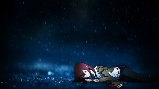 женщина с красными слышными лежащими на земле обоями, Steins; ворота, Makise Kurisu, аниме девушки, дождь, аниме, HD обои HD wallpaper