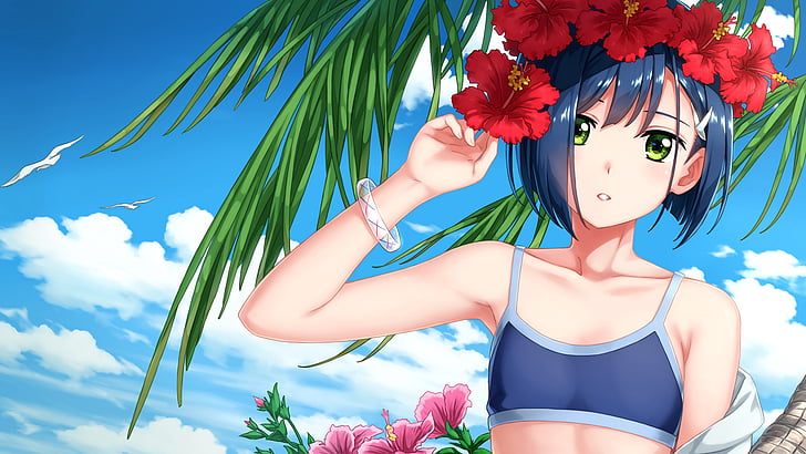 Anime, Darling in the FranXX, Blue Hair, Girl, Green Eyes, Ichigo (Darling in the FranXX), Short Hair, Wreath, HD wallpaper