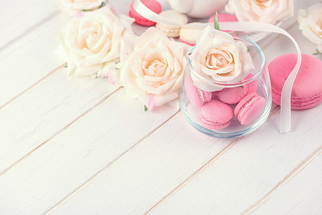 цветы, розы, десерт, розовый, пирожные, сладкое, миндальное печенье, французское, макарон, HD обои HD wallpaper