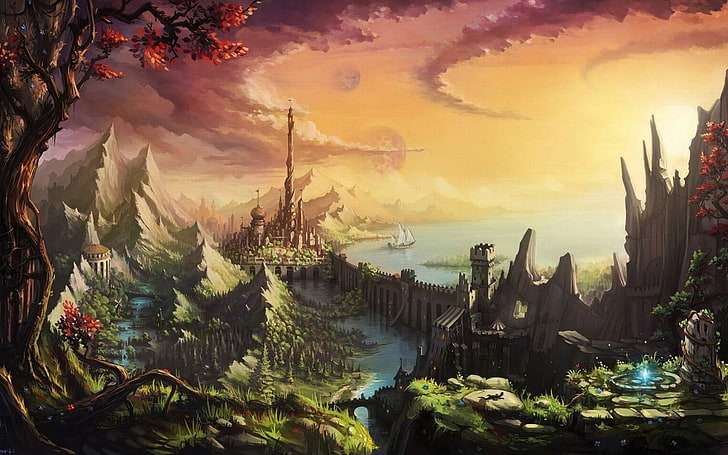 Ilustración de castillo y montaña, arte de fantasía, ciudad de fantasía, Fondo de pantalla HD