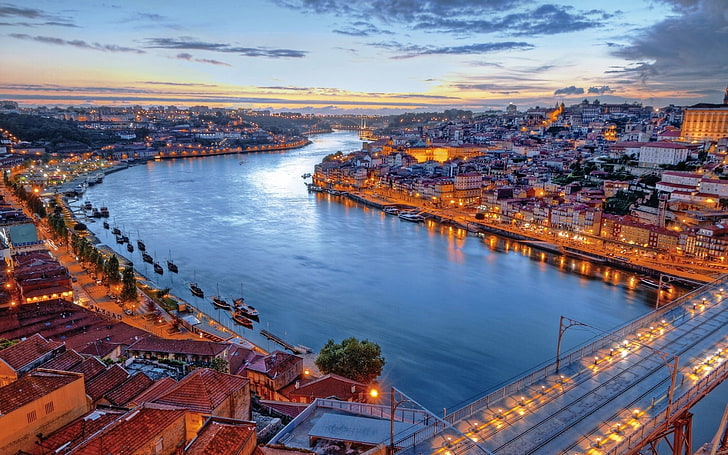 бетонна сграда, Португалия, Лисабон, река, нощ, сгради, крайбрежие, hdr, HD тапет