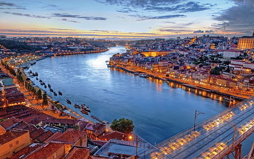 بناء خرساني ، البرتغال ، لشبونة ، النهر ، الليل ، المباني ، الساحل ، تقرير التنمية البشرية، خلفية HD HD wallpaper