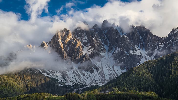 bosque, nubes, montañas, las laderas, Italia, Los Dolomitas, San Candido, Fondo de pantalla HD
