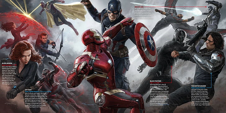 Scarlett Johansson, Captain America: Civil War, Ant-Man, Iron Man, movies, Captain America, Marvel Comics, Elizabeth Olsen, Black Panther, Scarlet Witch, The Vision, Hawkeye, HD wallpaper
