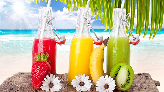 Fruit drinks, cocktails, strawberry, banana, kiwi, sea, beach, tropical, sun, Fruit, Drinks, Cocktails, Strawberry, Banana, Kiwi, Sea, Beach, Tropical, Sun, HD wallpaper HD wallpaper