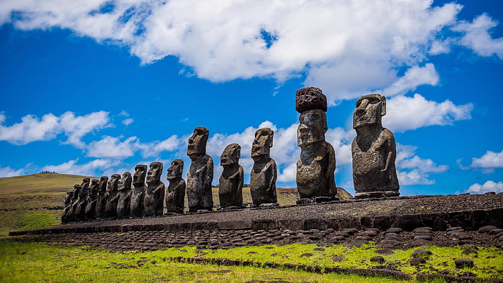 unesco världsarv, historisk, skulptur, landskap, himmel, kultur, monument, figurer, forntida, historia, nationalpark, unik, stenstaty, mystisk, polynesisk, rapa nui nationalpark, ahu tongariki, valparaíso, chile, påskön, moai , ruiner, staty, ruin, HD tapet