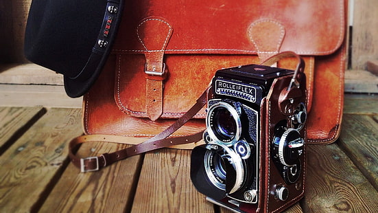 macchina fotografica, vo, borsa, vintage, cappello, superficie di legno, Sfondo HD HD wallpaper