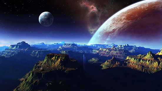 Fantastyczna sceneria, góry, przestrzeń, planeta, Fantastyczna, Sceneria, Góry, Kosmos, Planeta, Tapety HD HD wallpaper
