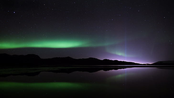 Aurora Boreale sfondo digitale, stelle, luce, riflesso, montagne, notte, aurora boreale, Sfondo HD