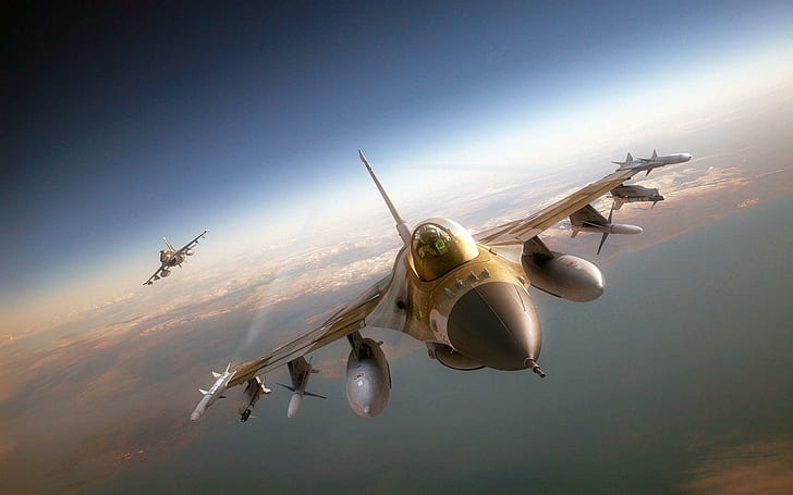 F16 Tandem, Düsenjäger, Tandem, Falken, Düsenjäger, Luftwaffe, bewaffnet, Flugzeuge, HD-Hintergrundbild