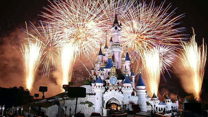 Disneyl Castle Fireworks, hong kong disney land, disneyland, fireworks, travel, castles, amusement parks, nature and landscapes, HD wallpaper