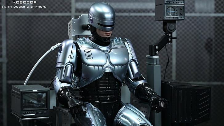 Robocop movie, Robocop, hero, cyborg, robot, police, iron armor, sits charging, HD wallpaper