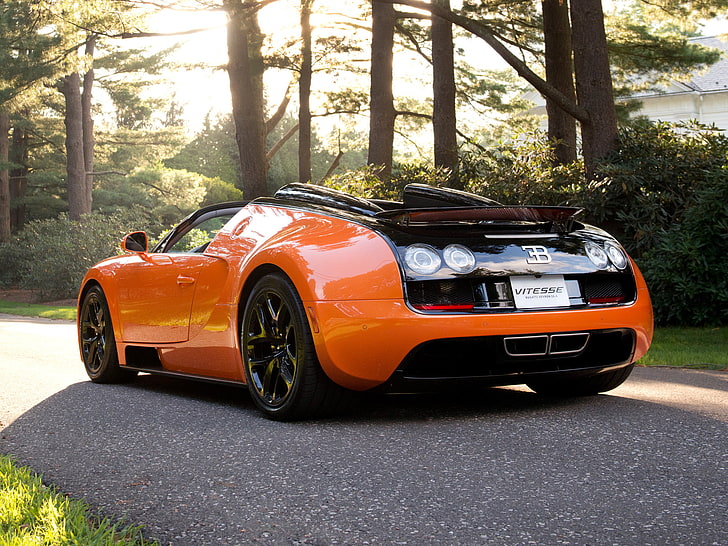 orange and black Bugatti Veyron convertible coupe, road, machine, black, sport, Bugatti Veyron, Kar, Vitesse, trees., orange, HD wallpaper