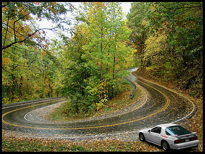 car, hairpin turns, Initial D, road, trees, rx7, fall, HD wallpaper HD wallpaper