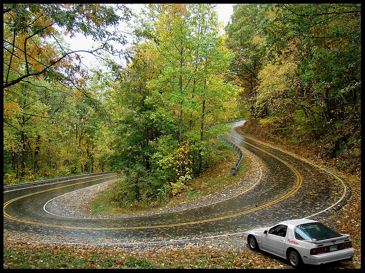 الكوبيه الفضية ، الكوبيه البيضاء بجانب الطريق ، المنعطفات القاسية ، السيارة ، السقوط ، الأشجار ، الطريق ، الأولي D ، rx7، خلفية HD