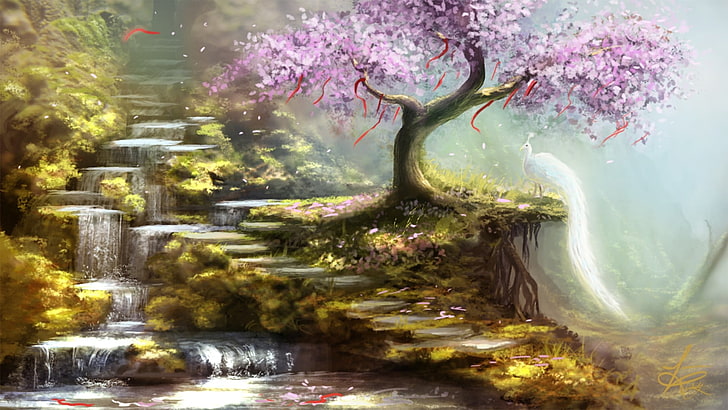 pink leaf trees and waterfalls painting, fantasy art, HD wallpaper