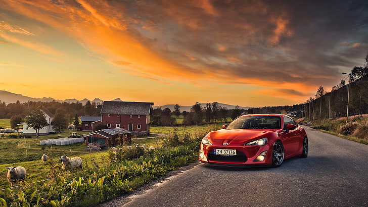 red coupe, Toyota, Toyota GT86, GT86, car, sunset, red cars, sheep, farm, HD wallpaper