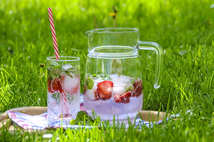 clear glass pitcher, strawberry drink, fruit tea, carafe, glass, drink, HD wallpaper
