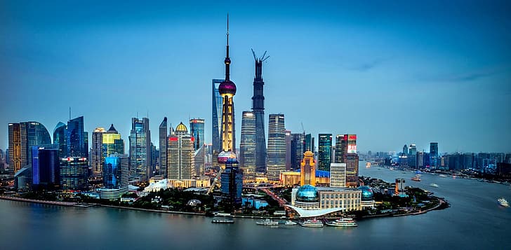 miasto, światła, Chiny, Szanghaj, zmierzch, rzeka, zachód słońca, wieczór, łodzie, budynki, architektura, drapacze chmur, pejzaż miejski, Oriental Pearl Tower, Shanghai Tower, Shanghai World Financial Center, Tapety HD