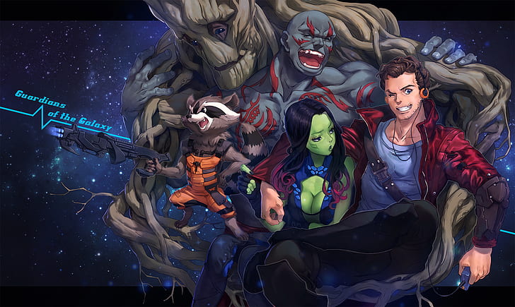 girl, smile, weapons, guys, hugs, art, embarrassment, groot, guardians of the galaxy, gamora, peter quill, mhk, rocket racoon, drax the destroyer, HD wallpaper