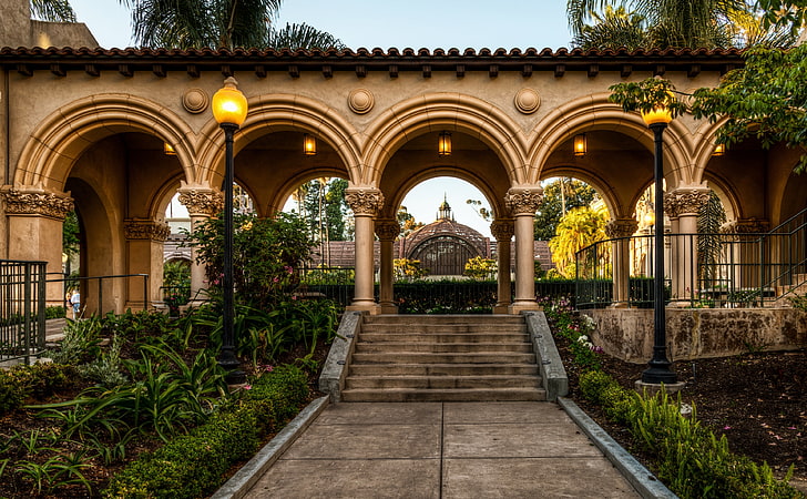 Balboa Park Arches, strada cementata marrone, Stati Uniti, California, Architettura, San Diego, Balboa Park, Sfondo HD