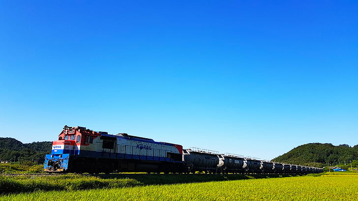 влак, товарен влак, Южна Корея, ферма, пейзаж, HD тапет