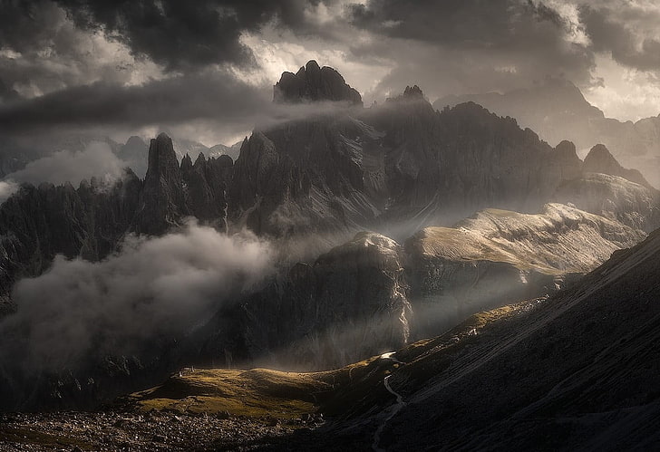 grey rocky mountain, photography, nature, landscape, mountains, clouds, summer, storm, dirt road, sun rays, Dolomites (mountains), Italy, HD wallpaper