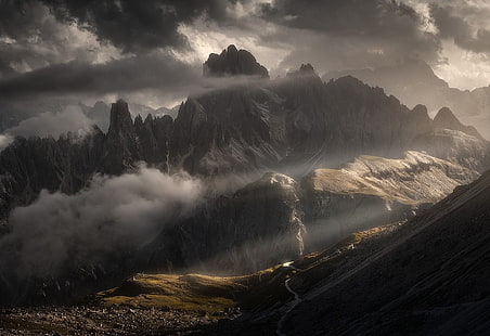 grey rocky mountain, photography, nature, landscape, mountains, clouds, summer, storm, dirt road, sun rays, Dolomites (mountains), Italy, HD wallpaper HD wallpaper