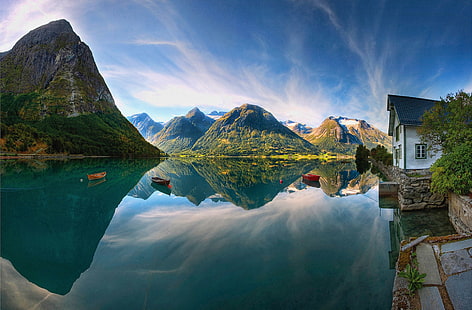 plan d'eau, montagnes, lac, réflexion, eau, nature, bateau, maison, Fond d'écran HD HD wallpaper