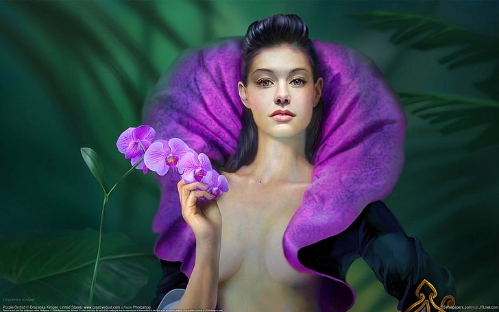 donna con viola fiori di orchidea falena pittura, verdi, fiore, ragazza, arte, colletto, orchidea, drazenka kimpel, falinopsis, Sfondo HD