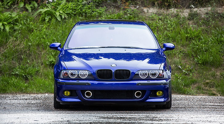 blue BMW vehicle, blue, reflection, BMW, the front, e39, HD wallpaper