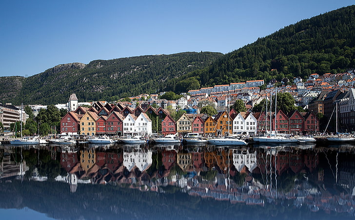 Bryggen Old Wharf and Traditional Wooden..., Europe, Norway, City, Travel, Journey, Photoshop, Buildings, Water, Architecture, Mountains, Medieval, Houses, Dock, Place, Reflection, Harbour, Bergen, historical, visit, unesco, tourism, hordaland, ThingstoDo, pointsofinterest, Bjorgvin, Bryggen, Tyskebryggen, cityofsevenmountains, WorldHeritageSites, HD wallpaper