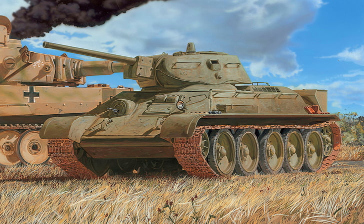 ilustracja zielonego czołgu, figura, Armia Czerwona, czołg średni, T-34/76, PzKpfw VI Tiger, s. SS-Pz.Dept.102, Tapety HD