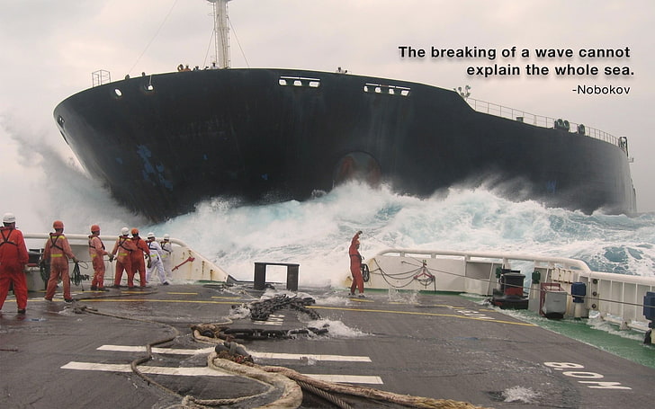 Crucero negro con superposición de texto, portacontenedores, olas, mar, barco, cita, Vladimir Nabokov, Fondo de pantalla HD