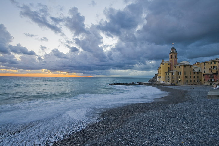 sea, coast, Italy, Church, Camogli, Liguria, HD wallpaper