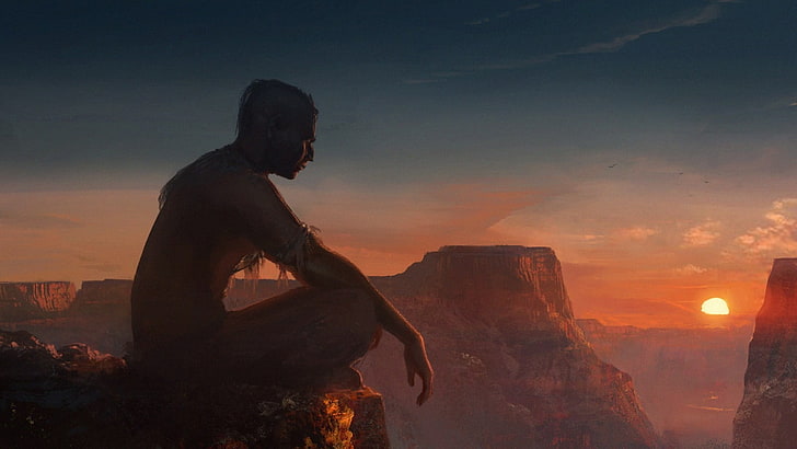 silhouette d'homme assis sur la montagne pendant l'heure d'or, méditation, spirituel, chaman, coucher de soleil, aborigène, Amérindiens, Fond d'écran HD