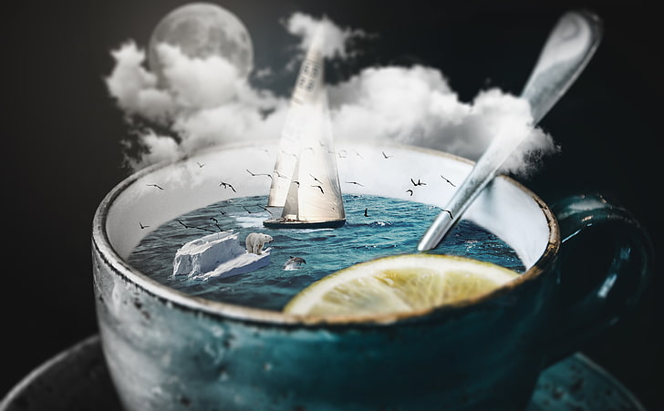 The Lost Scene, white and blue ceramic cup, Aero, Creative, Clouds, Sailing, design, nature, fantasy, imagination, landscape, bear, manipulation, mjdaly, cupofwater, sliceoflemon, HD wallpaper