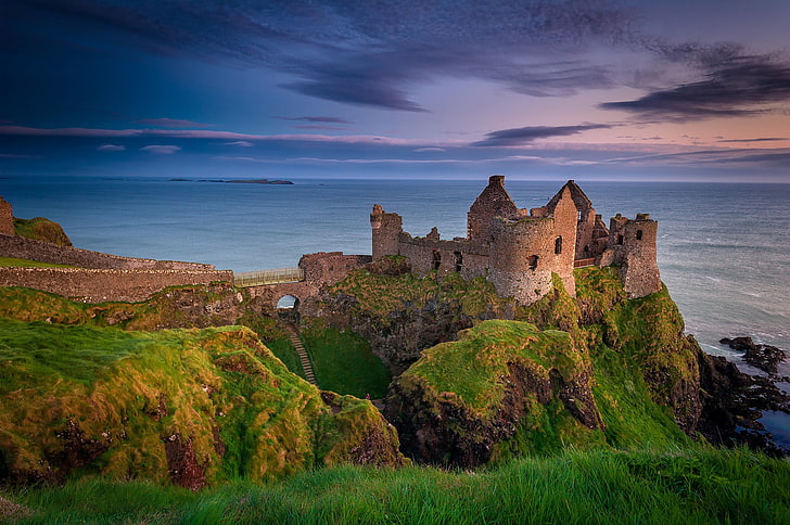 коричневый замок, вечер, руины, Северная Ирландия, графство Антрим, замок Данлус, HD обои