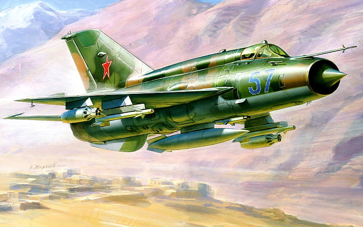 녹색과 갈색 위장 전투 비행기 그림, 비행기, 그림, 전투기, Zhirnov, Mikoyan 및 Gurevich, MiG-21, HD 배경 화면