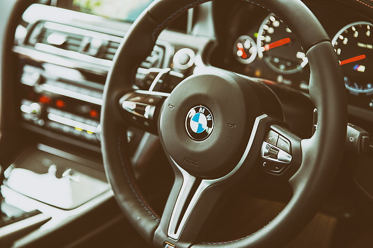 black BMW steering wheel, bmw, m6, steering wheel, interior, HD wallpaper