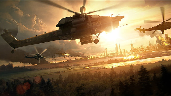 choppers wallpaper, explosions, the evening, helicopter, Aviation, MI-28, HD wallpaper
