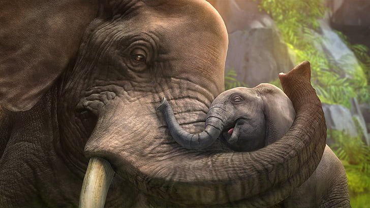 digital wallpaper of elephant and calf, Elephant, cub, zoo tycoon, animals, grey, art, tourism, HD wallpaper