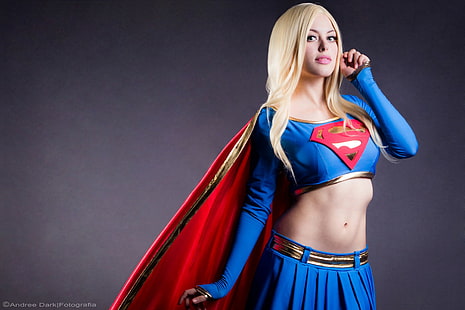 skirt, long hair, open mouth, looking at viewer, women, blonde, cosplay, coats, simple background, model, Superwoman, Supergirl, Nadia Sonika, belly, HD wallpaper HD wallpaper